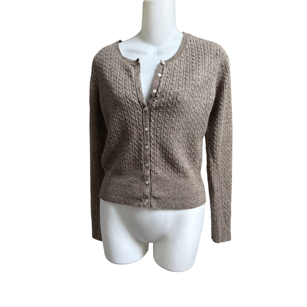 Tyler Boe Cardigan Sweater Cable Knit Linen Blend Brown Taupe Small Coastal Luxe